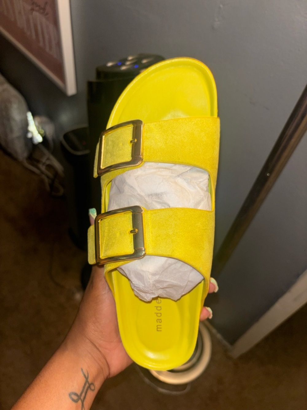 Madden Girl Bright Yellow Double Buckle Slide Sandal - Picture 2 of 5